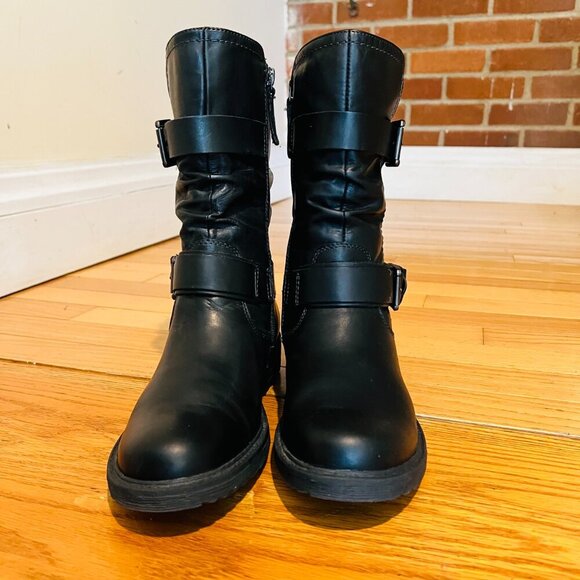 EARTH Women's Everwood Boots 7B Black Leather Mid-Calf Side Zipper Biker Moto - Picture 13 of 16